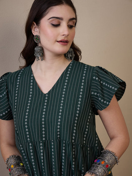 InWeave Green Stripe Kantha V Neck Short Dress