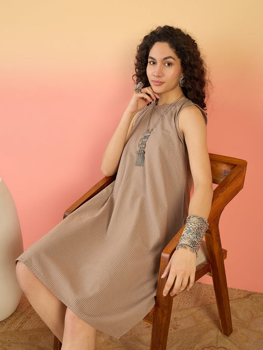 InWeave Light Brown Kantha R Neck W/S Dress
