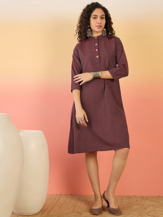 InWeave Wine Kantha Mandarin Button Dress