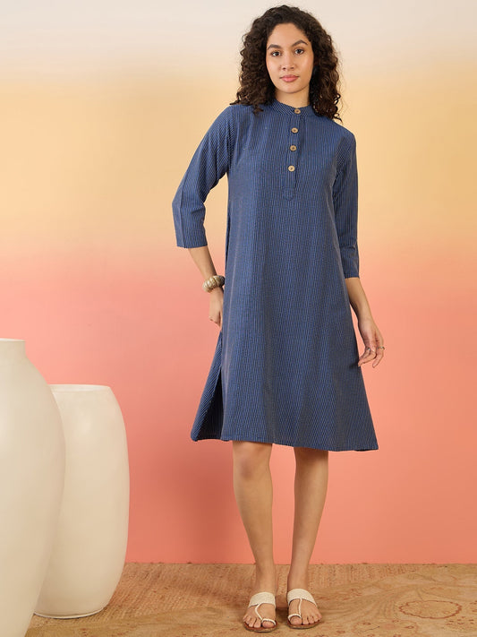 InWeave Blue Kantha Mandarin Button Dress