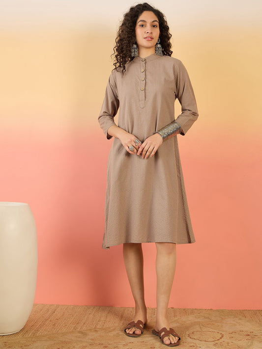 InWeave Light Brown Kantha Mandarin Button Dress