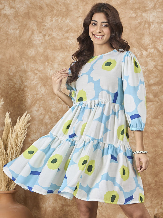 InWeave Sky Blue Big Print Short Dress