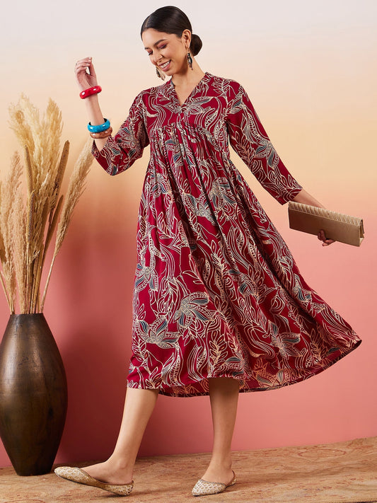 InWeave Maroon Beige Blue Print Deep V Neck Flared Dress