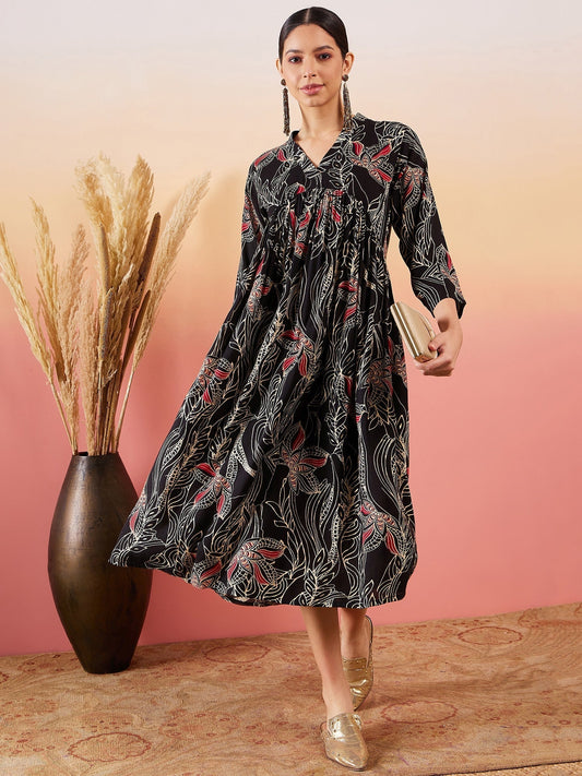 InWeave Black Beige Red Print Deep V Neck Flared Dress