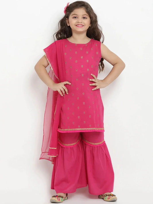 NOZ2TOZ Fuchsia Printed Kurta & Sharara Set with Dupatta For Girls