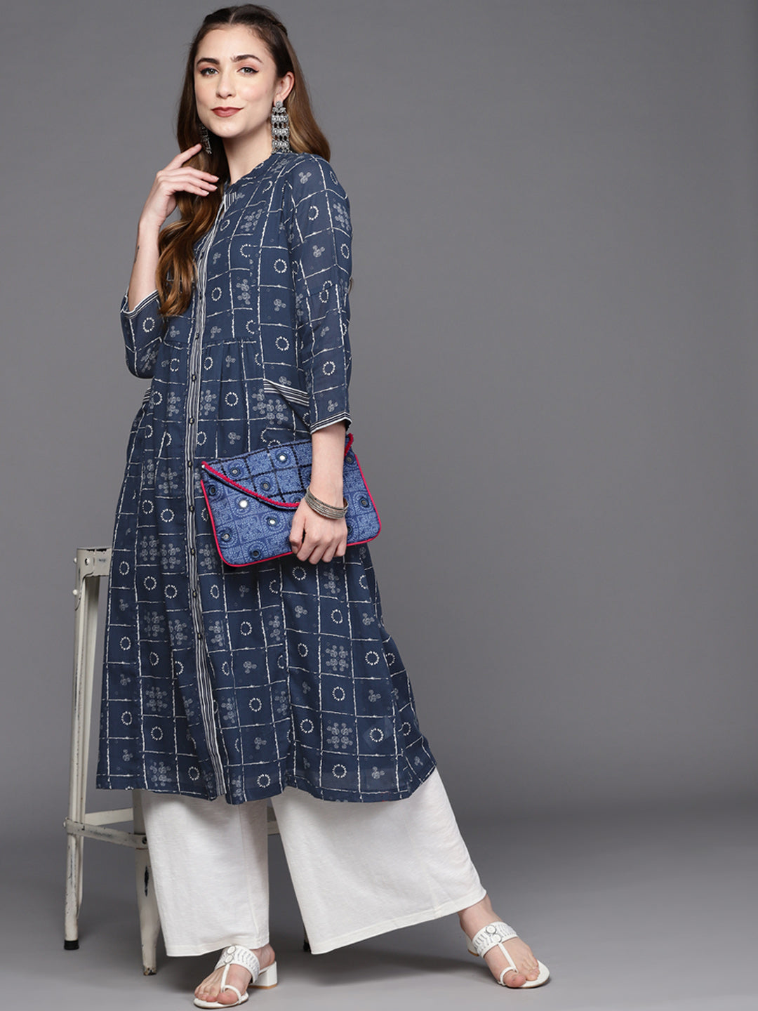 Biba Women Navy Blue & White Ethnic Motifs Printed Kurta with Inner - Grab2buy