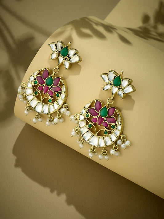 Nuyug 22K Gold-Plated Exquisite Kundan Stone Studded & Pearl Beaded Floral Traditional Chandbalis | Grab2Buy