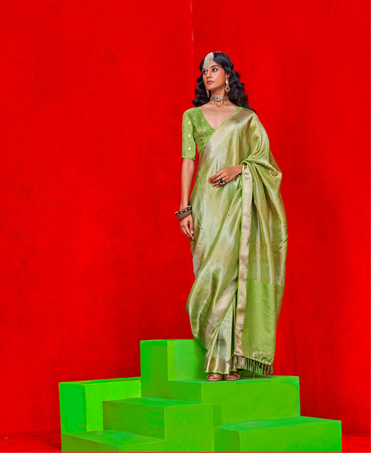 Monjolika Fashion Light Parrot Green Weaving Tissue Zari Classic Saree