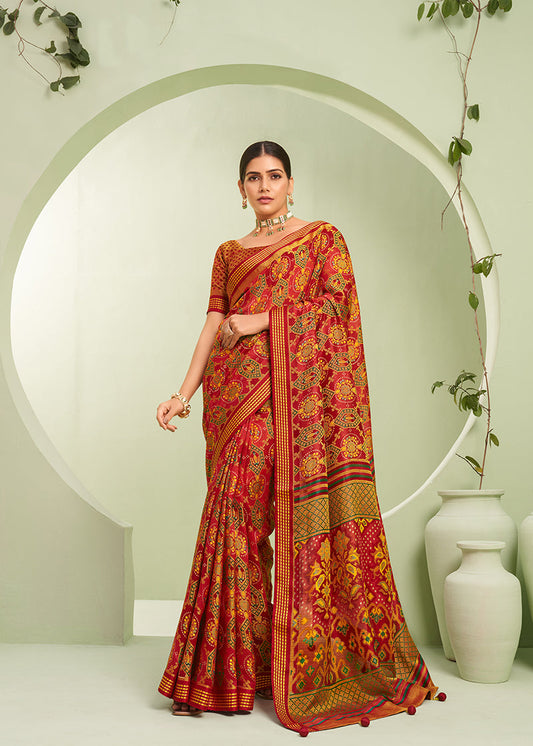 Monjolika Fashion Red Ceremonial Paisley Printed Georgette Designer Saree