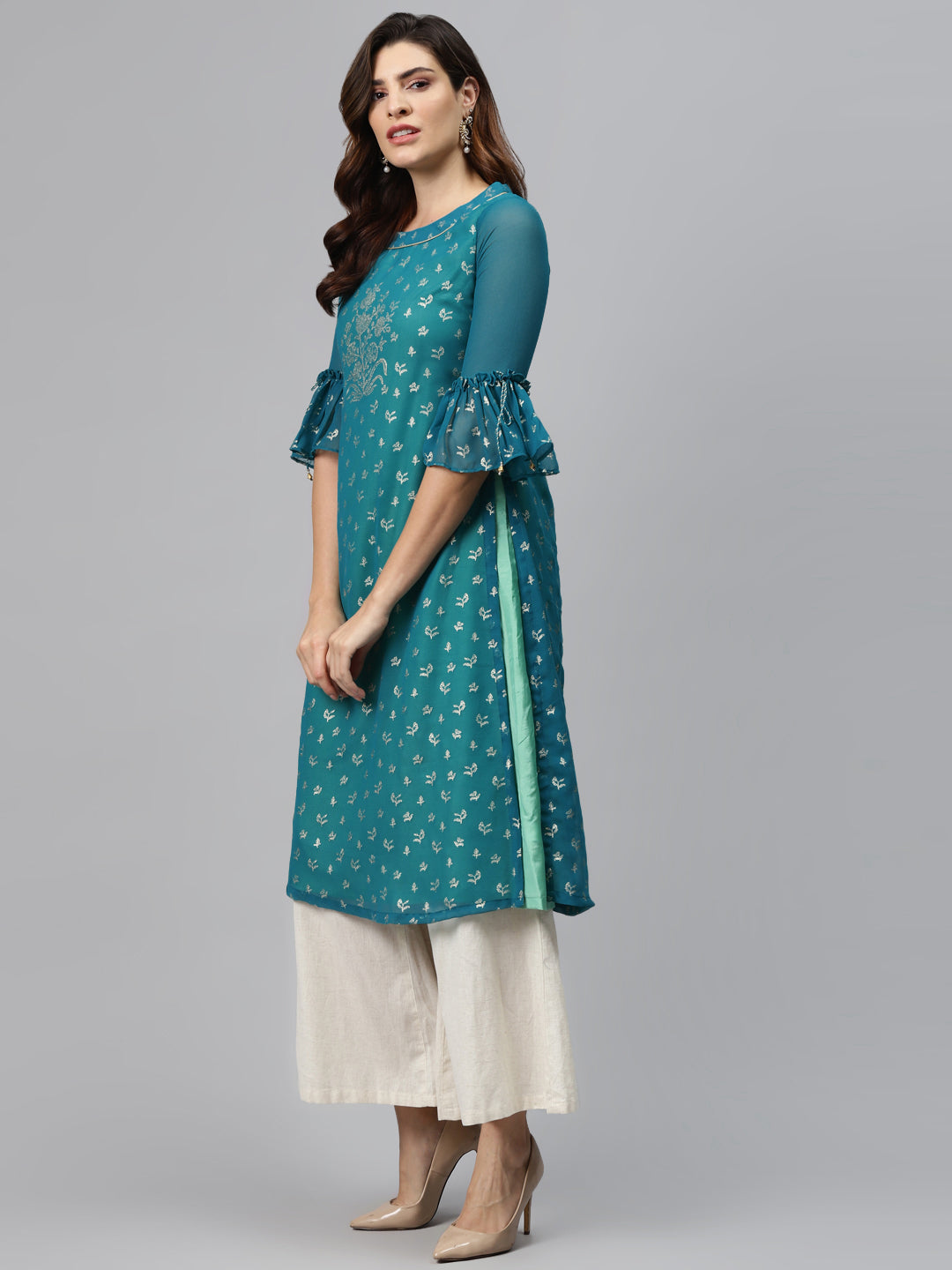 Biba Women Teal Blue & Golden Printed Straight Layered Kurta - Grab2buy