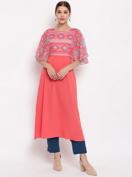 Janasya Women Coral Geometric Yoke Design Flared Sleeves Crepe Kurta