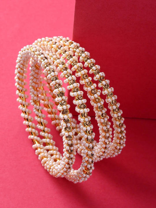 Gold-Polished Alloy Pearl And Rhinestones Studded Bangle Set - The Pari | Grab2Buy