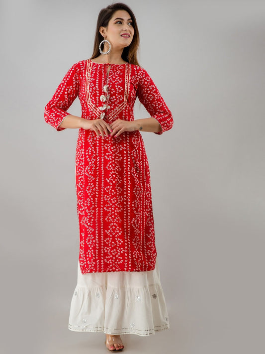 HERE&NOW Red & Gold-Toned Bandhani Printed Gotta Patti Kurta with Sharara