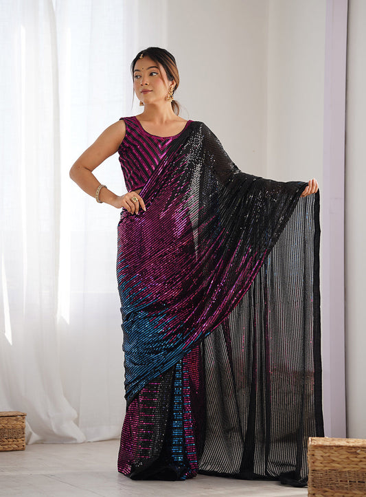 Monjolika Fashion Sequins Georgette Black Reception Party Wear Saree