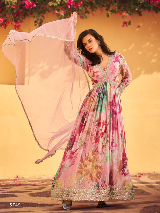 Anaita Pink Heavy Chinon With Embroidery Stitched Gown