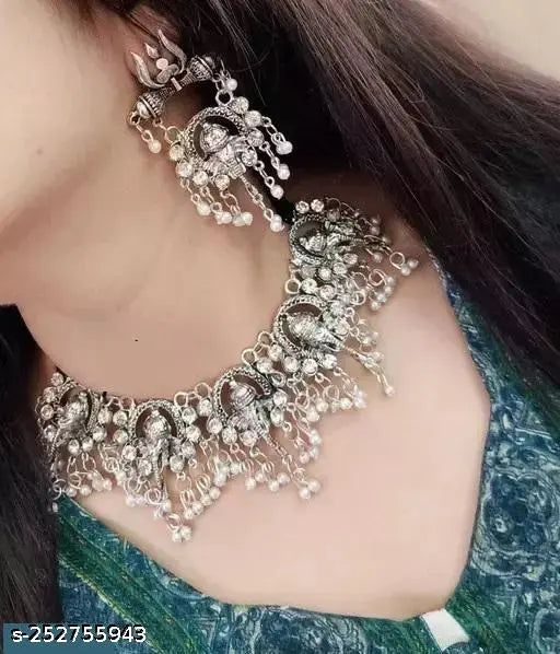 Tehzeeb Creations Women's Silver Colour Oxidised Ganesha Style Necklace Set With White Pearl | Grab2Buy