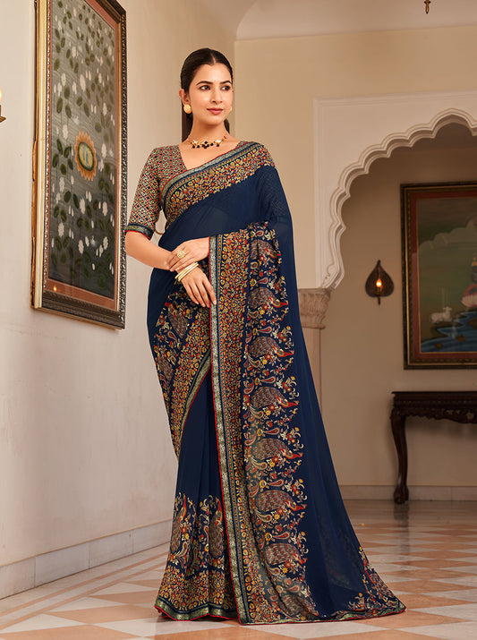 Monjolika Fashion Navy Blue Paisley Print Georgette Designer Saree