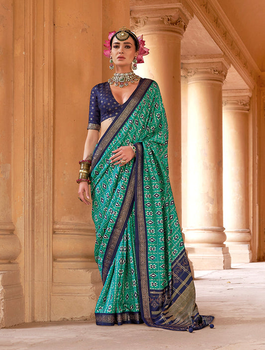 Monjolika Fashion Turquoise Silk Blend Patola Print Classic Saree