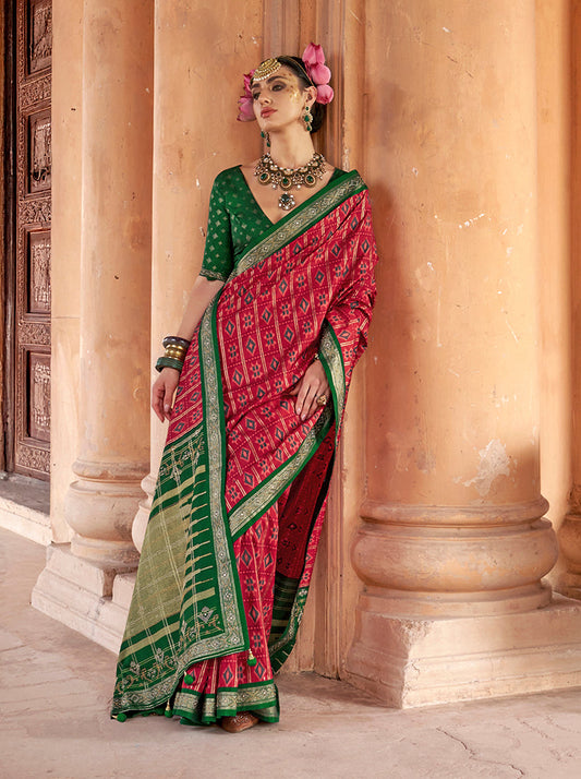 Monjolika Fashion Rani Pink Silk Blend Patola Print Classic Saree