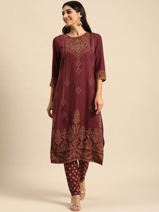 All About You Women Maroon Bandhani Printed Kurta with Trousers