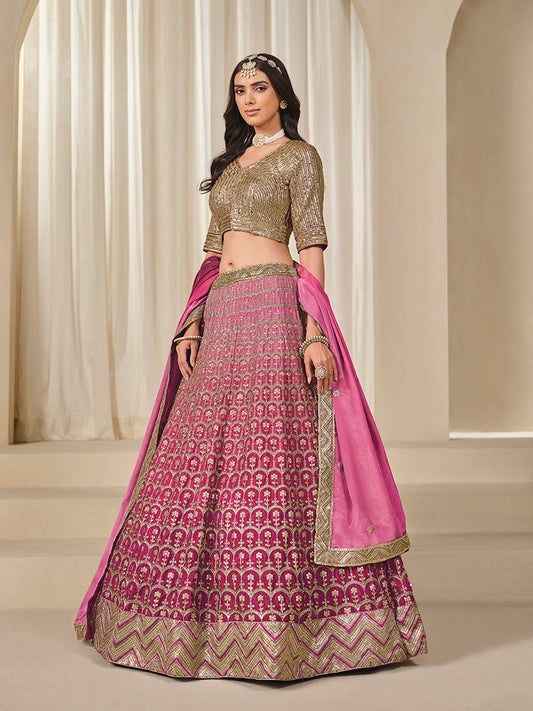 Monjolika Fashion Hot Pink Chinon Silk With Embroidered, Sequins, Thread And Zari Work Lehenga Choli