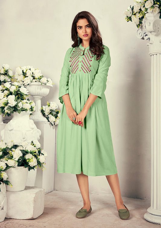 Monjolika Fashion Fancy Festive Wear Pista Green Color Rayon Fabric Thread Embroidered Kurti | Grab2Buy