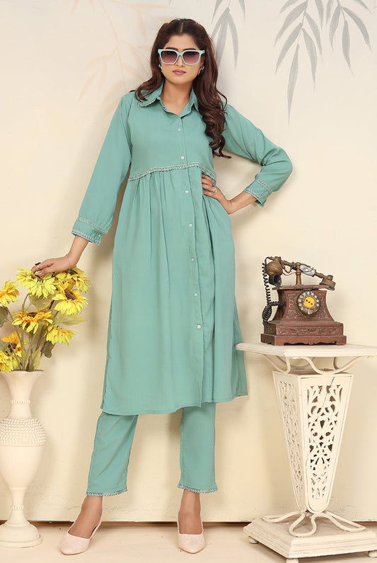 Monjolika Fashion Light Cyan Cotton Solid Festival Casual Kurti | Grab2Buy