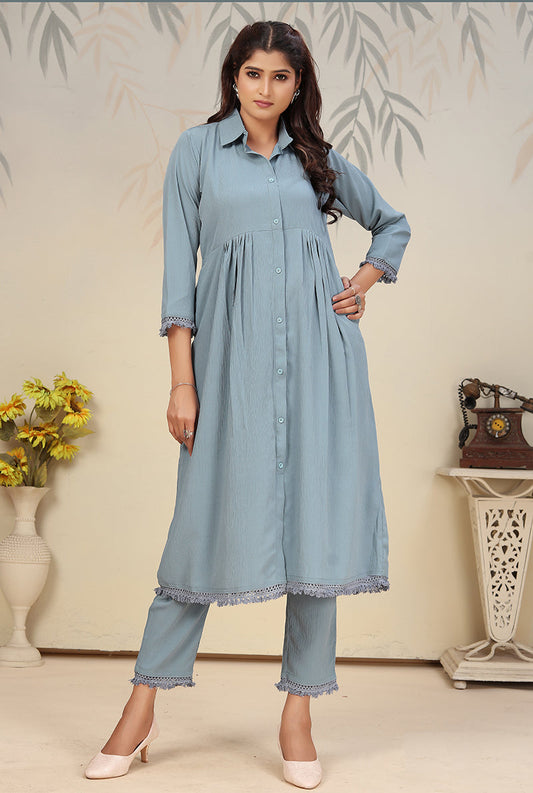 Monjolika Fashion Sky Blue Cotton Solid Festival Casual Kurti | Grab2Buy