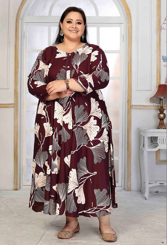 Monjolika Fashion Rayon Printed Wine Designer Kurti