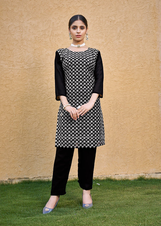 Monjolika Fashion Embroidered Georgette Straight Kurta Set In Black | Grab2Buy