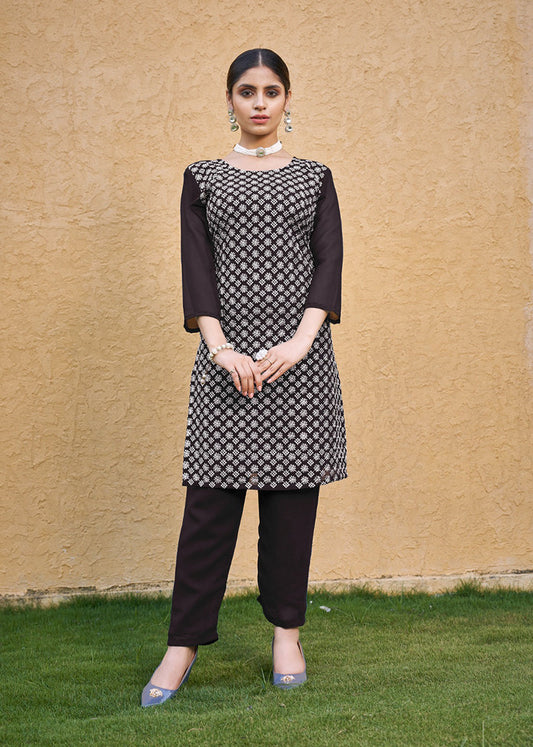 Monjolika Fashion Embroidered Georgette Straight Kurta Set In Coffee | Grab2Buy