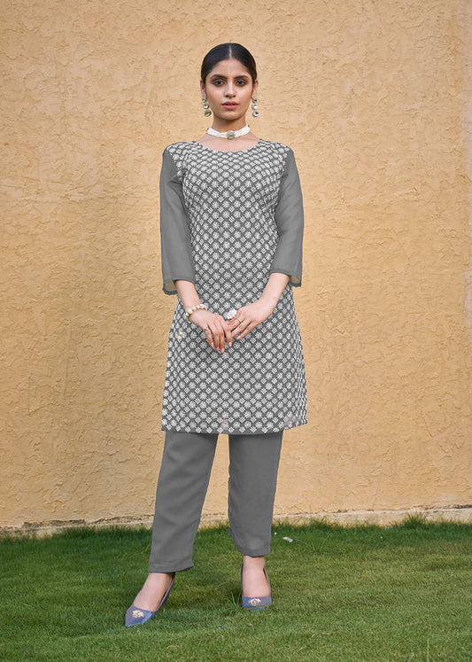 Monjolika Fashion Embroidered Georgette Straight Kurta Set In Grey | Grab2Buy