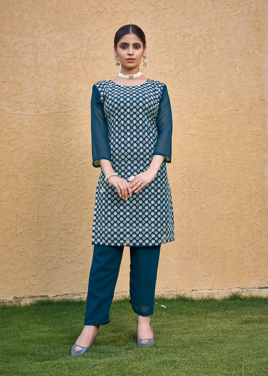 Monjolika Fashion Embroidered Georgette Straight Kurta Set In Teal Blue | Grab2Buy