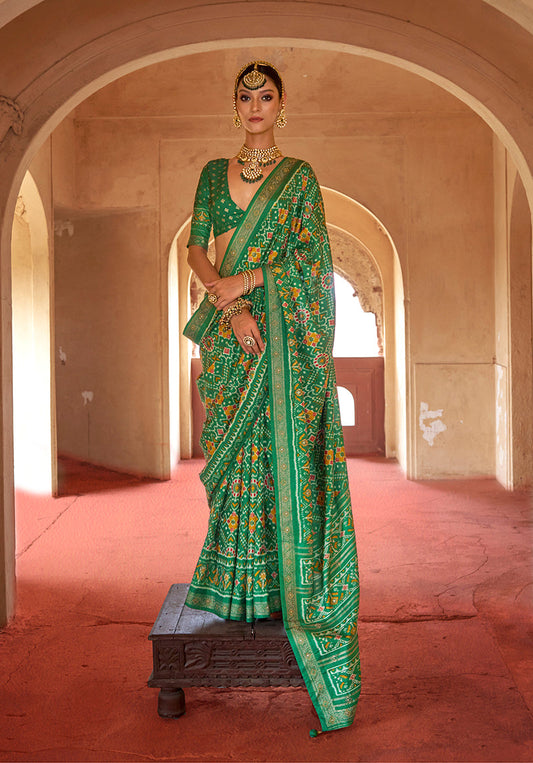 Monjolika Fashion Green Silk Patola Design Saree for Festival