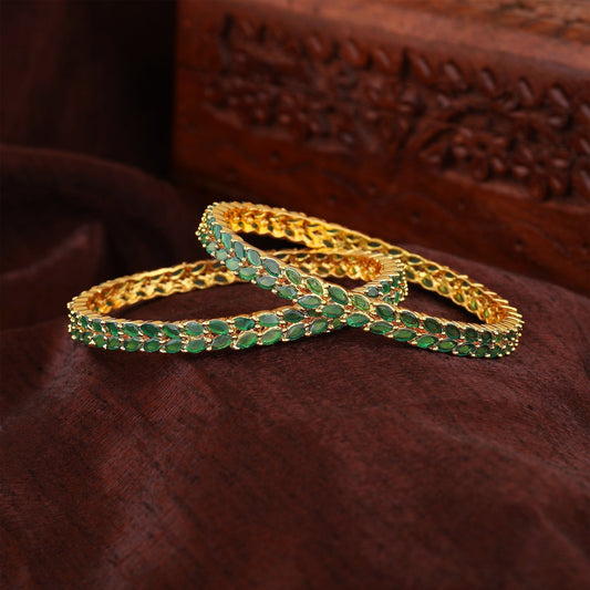 Estele Gold-Polished CZ Marvelous Leafy Designer Bangle with Green Stones for Women