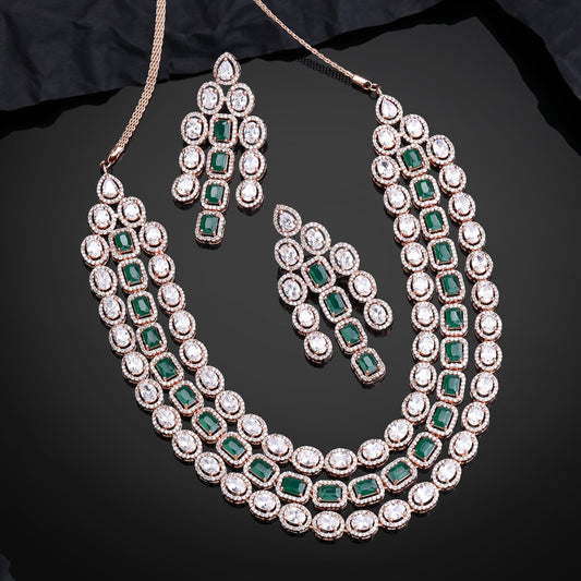 Estele Rose Gold-Polished CZ Spectacular Triple Line Necklace Set with Green Stones for Women Estele Accessories