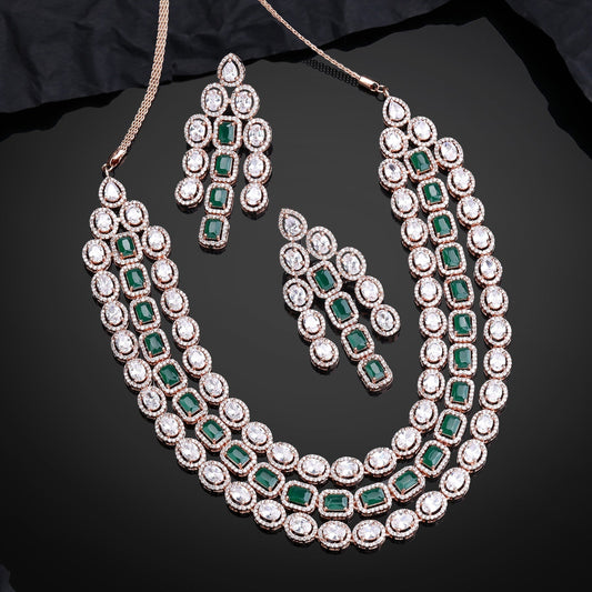 Estele Rose Gold-Polished CZ Spectacular Triple Line Necklace Set with Green Stones for Women | Grab2Buy