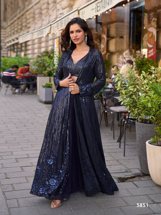Anaita Grey Georgette Stitched Shrug Suit With Embroidered Sequins Work