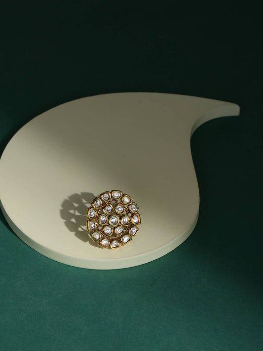 Gold-Plated White Kundan Studded Adjustable Finger Ring - Ruby Raang - Grab2buy