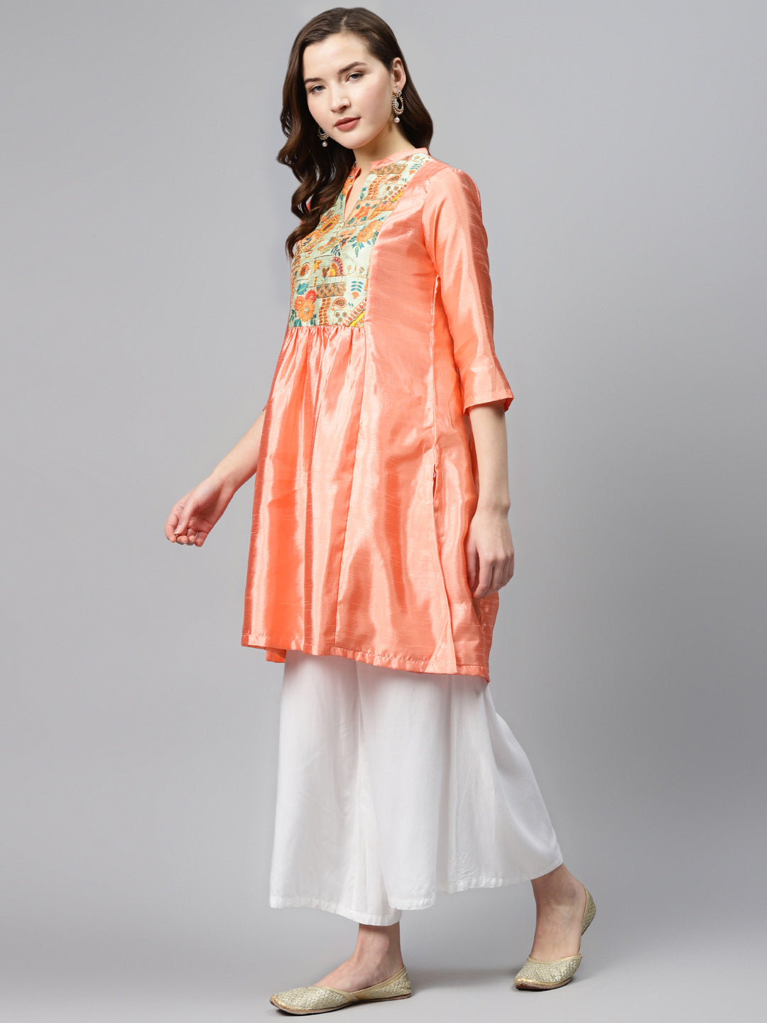 Biba Women Peach-Coloured & Green Yoke Design A-Line Kurta With Sheen Effect - Grab2buy
