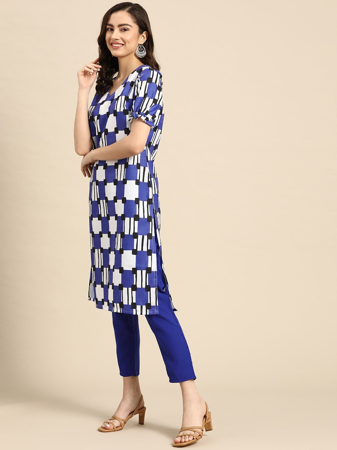 Sangria Women Navy Blue & White Printed A-Line Kurta with Trousers - Grab2buy