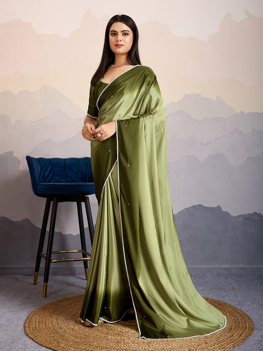 Monjolika Fashion Olive Green Color Satin Crepe Pearl Lace Border Party Wear Saree