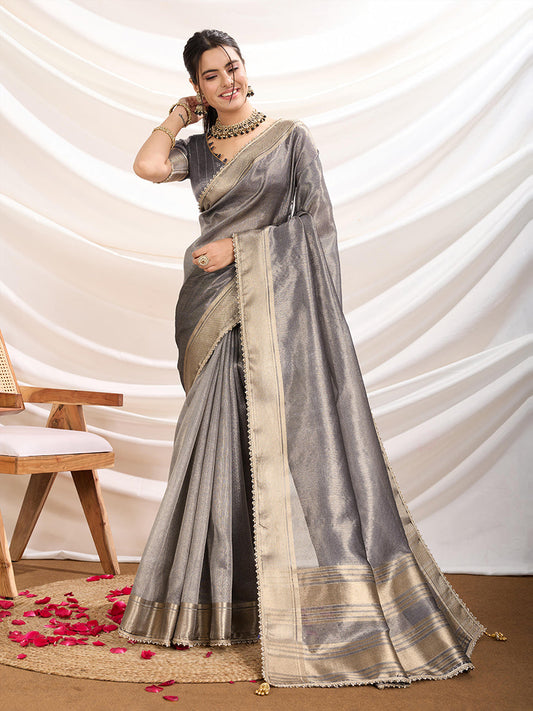 Monjolika Fashion Grey Color Soft Linen Tissue Designer Border Work Saree