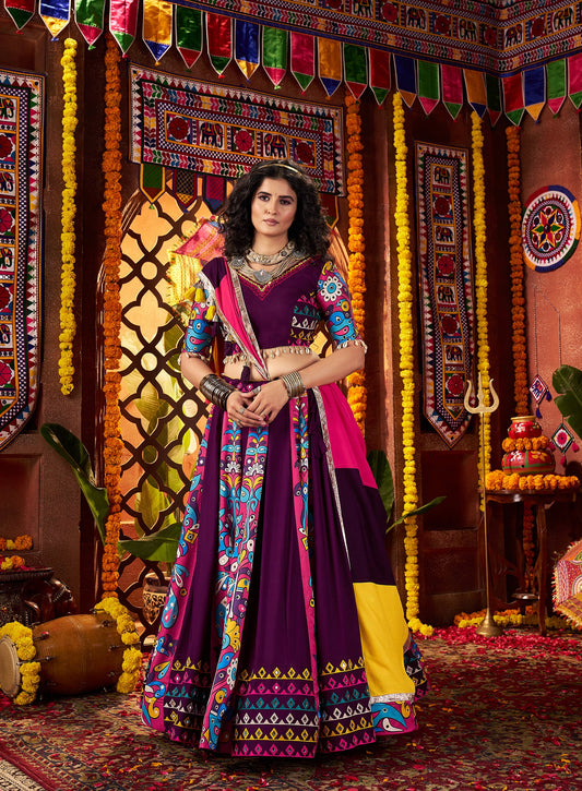 Monjolika Fashion Purple Viscose Cotton Digital Print Mirror Work Navratri Chaniya Choli With Dupatta