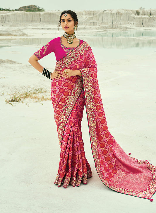 Monjolika Fashion Rani Pink Embroidered Georgette Bandhej Designer Saree