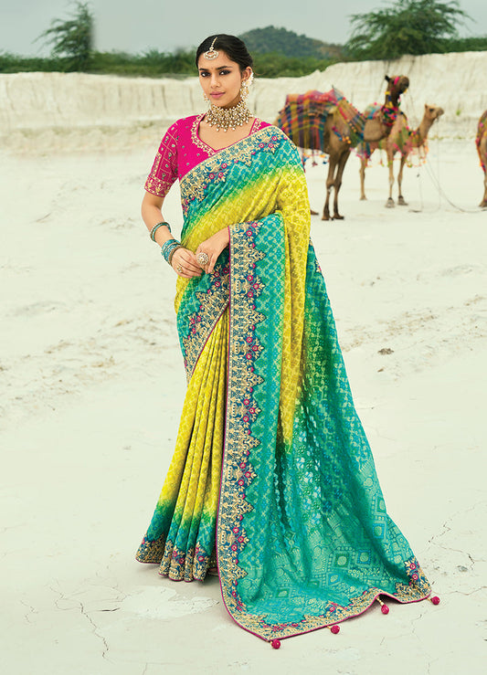 Monjolika Fashion Multicolor Embroidered Georgette Bandhej Designer Saree