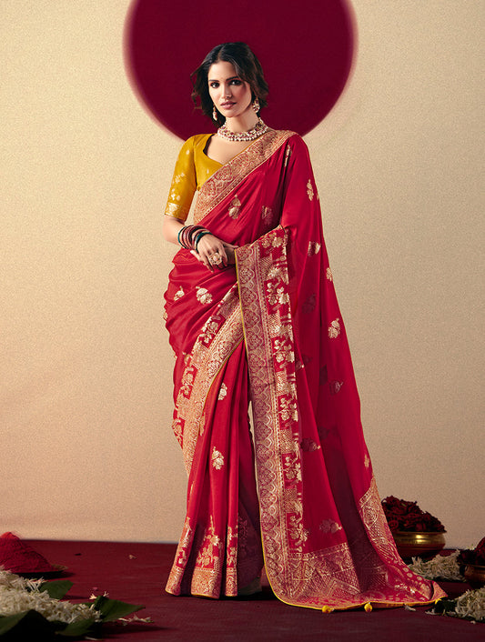 Monjolika Fashion Viscose Silk Red Saree With Rich Zari Weaving & Designer Tassels
