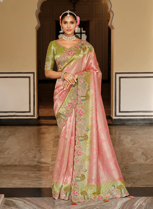 Monjolika Fashion Silk Blend Saree In Pastel Pink & Olive Green With Floral Meenakari Zari Work