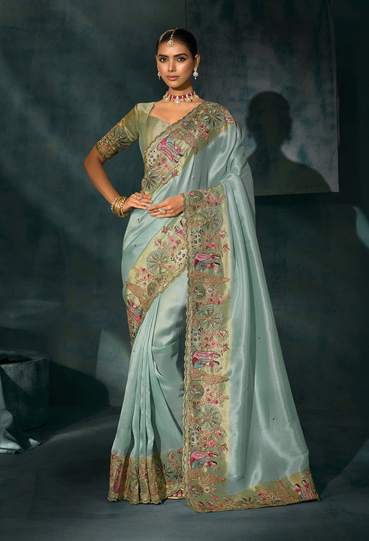 Monjolika Fashion Beige Color Silk Blend With Cutdana Moti Jardoshi Heavy Work Beautiful Border Saree