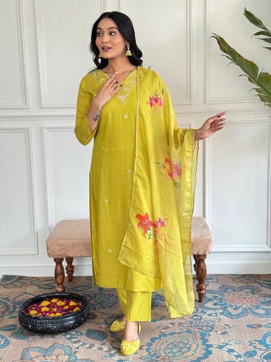 The52 Yellow Embroidered Rayon Slub Fabric Straight Kurta, Pant and Dupatta Set | Grab2Buy